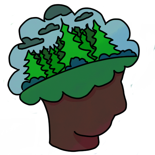 a dark brown head. the top half has a cloud shape over it. in the cloud shape is a group of pine trees on dark green grass, with a blue sky and dark grey clouds